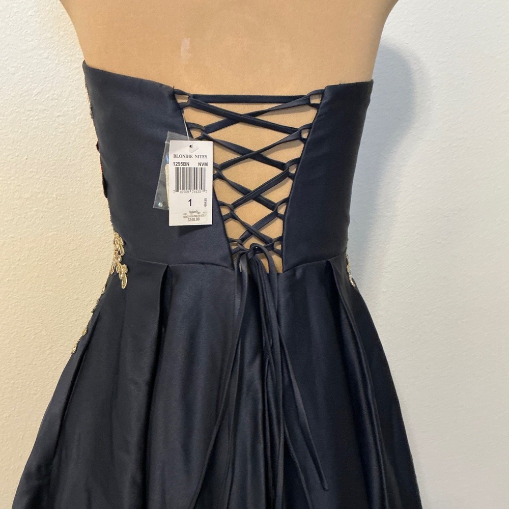 Blondie Nites Navy Strapless Embroidered Satin Dress Corset Back Short - Picture 6 of 16